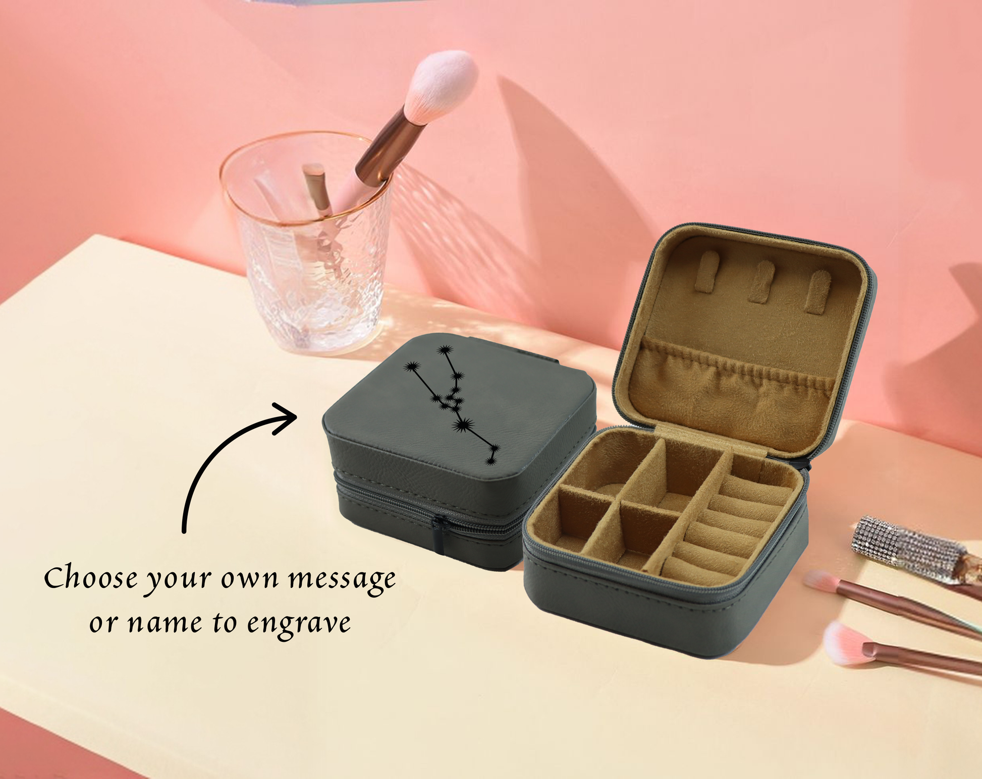 Zodiac Sign Jewelry Box, Travel Organizer - Engraved Vegan Leatherette