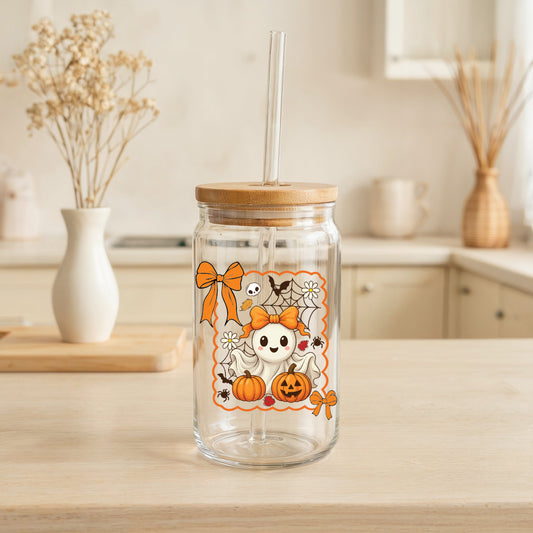 Girly ghost and pumpkin design glass cup for Halloween parties.
