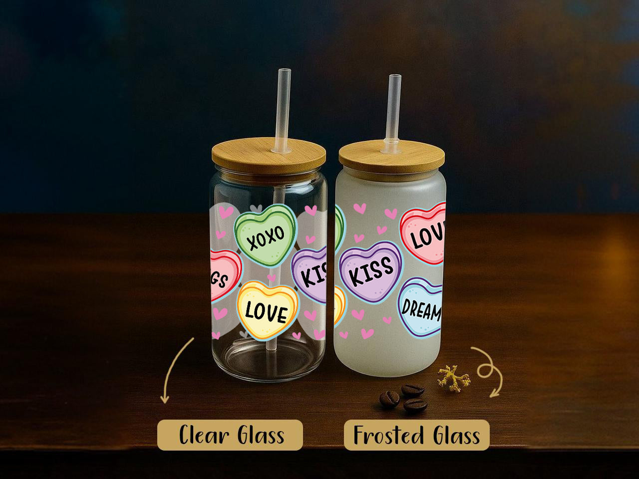 Cute Love Themed Glass Tumbler, Valentine's Day Gift, Romantic Cup