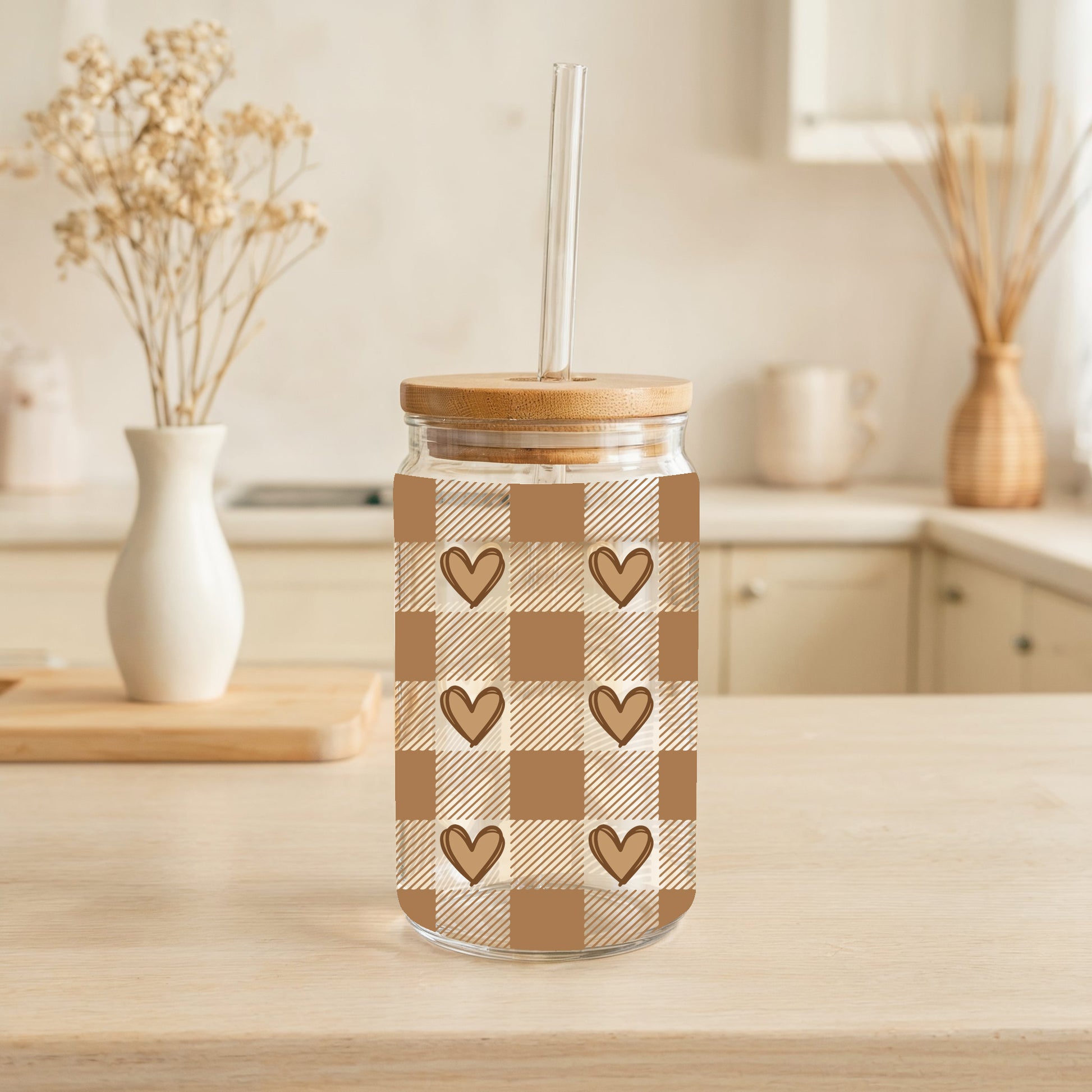Heart Plaid Glass Tumblers, Aesthetic Drinkware for Iced Coffee
