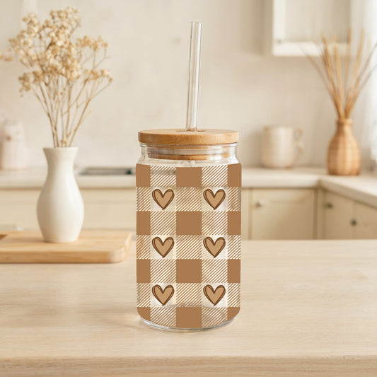 Heart Plaid Glass Tumblers, Aesthetic Drinkware for Iced Coffee