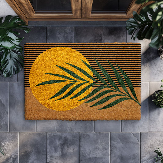 Sun and Leaf Doormat: Retro Tropical Entryway Rug for Coastal Home