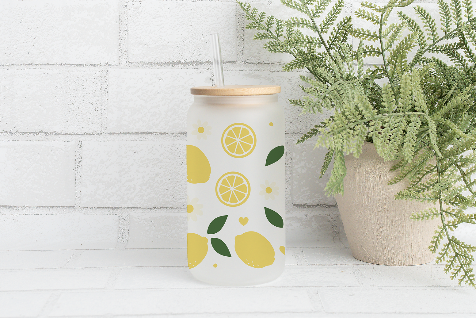 Lemon and Daisy Glass Cup, Vibrant Citrus Theme Tumbler, Kids Water Glass