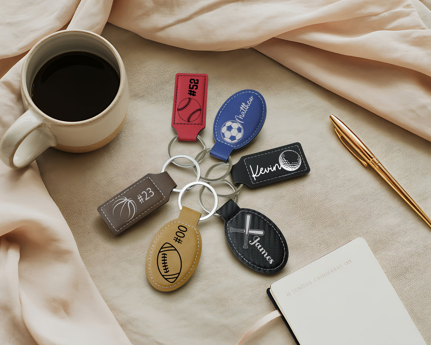 Custom Sports Theme Vegan Leather Keychains, Personalized Athlete Gift