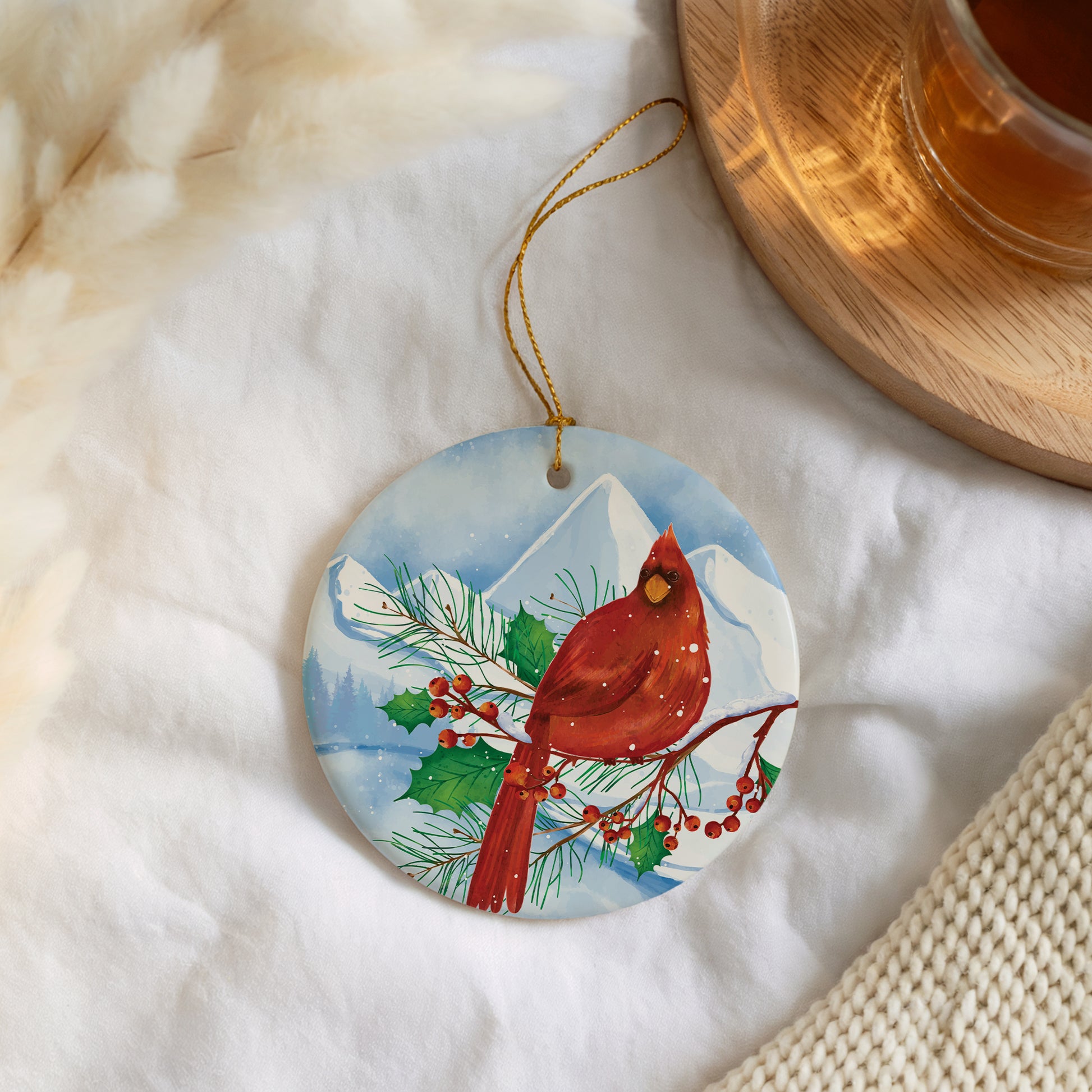 Snowy Mountain Cardinal Ornament: Memorable Ceramic Keepsake for Bird Lovers