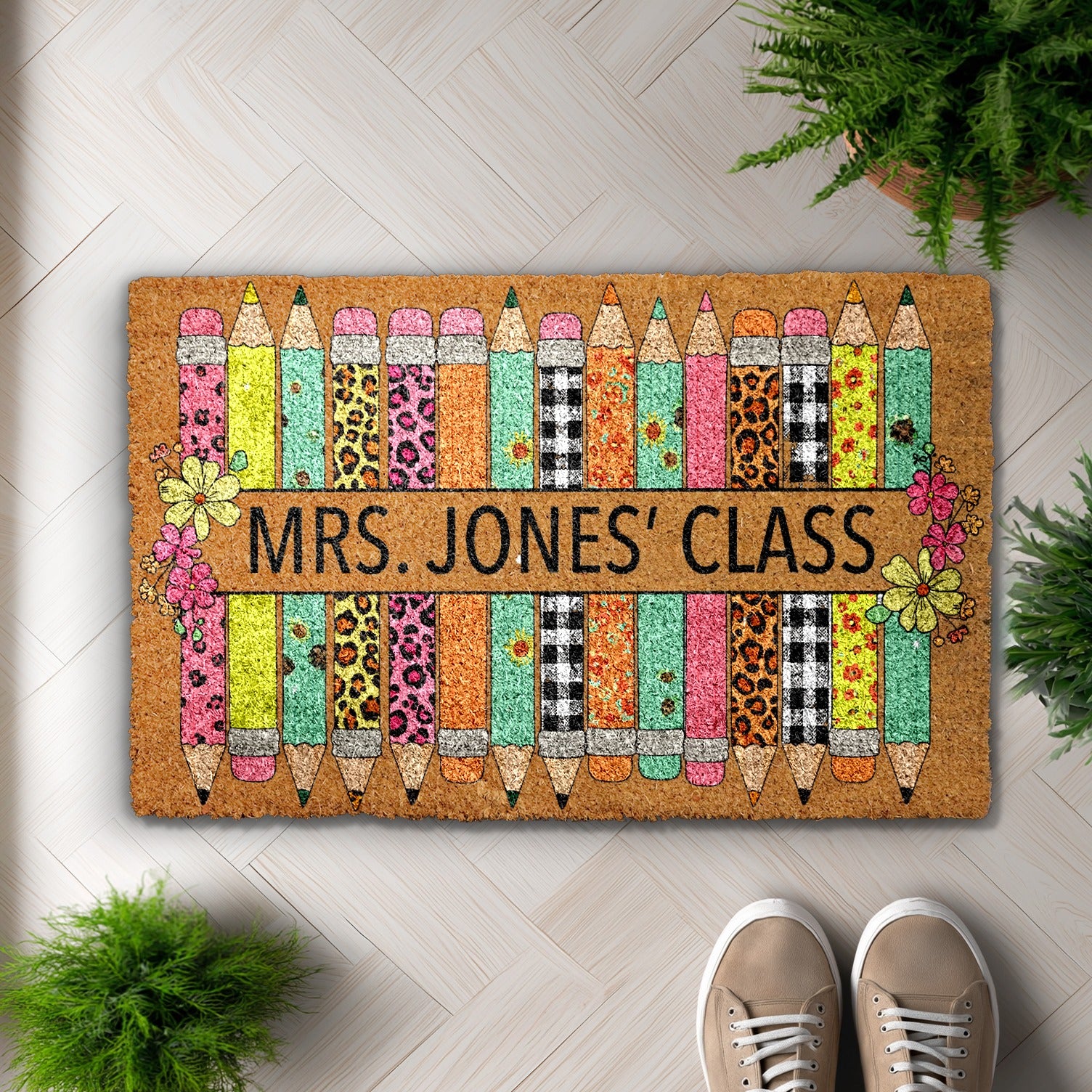 Personalized Teacher Doormat, Welcome Gift with Pencil Design
