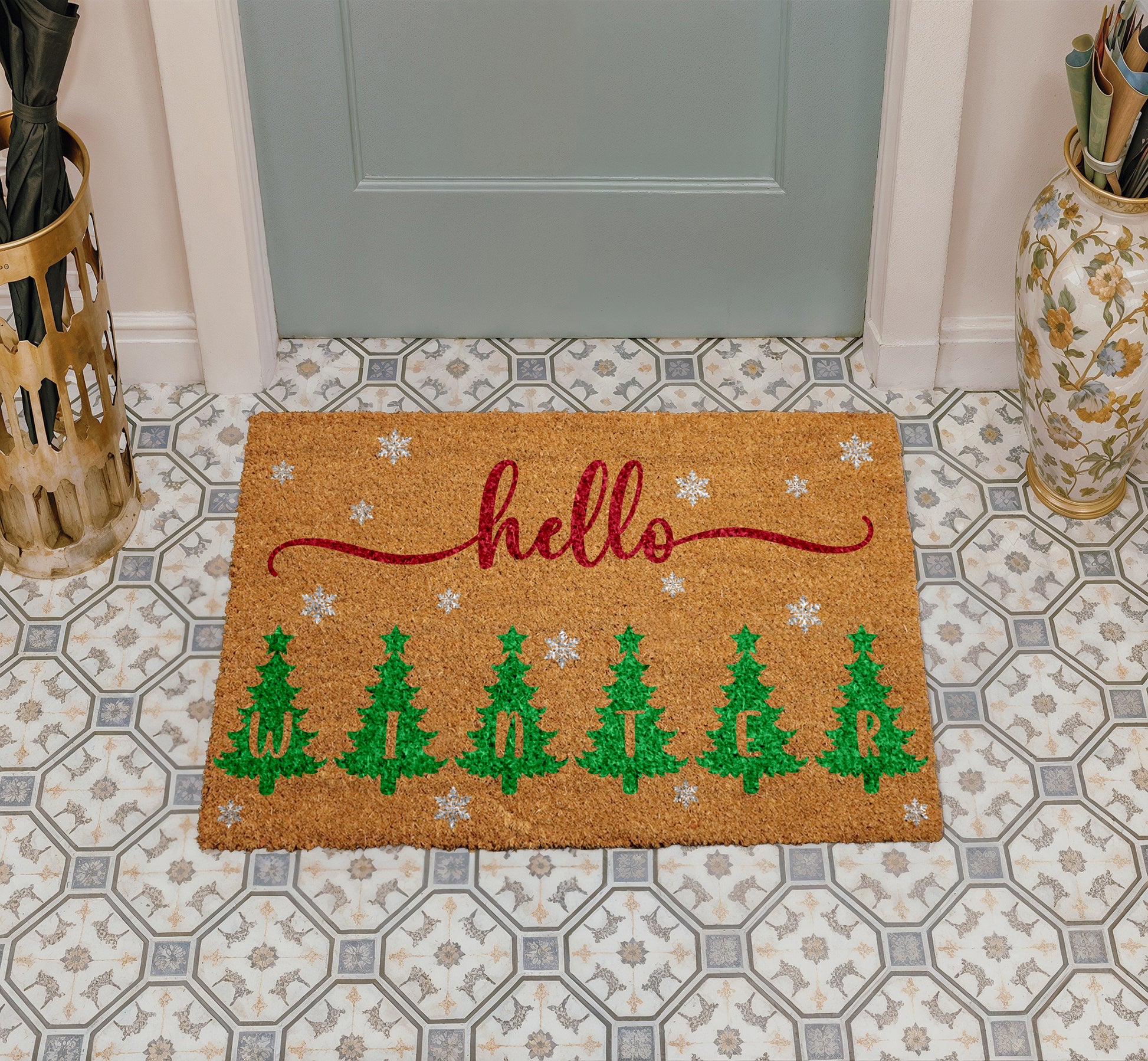 Snowflakes & Trees Welcome Mat, Festive Holiday Home Decor