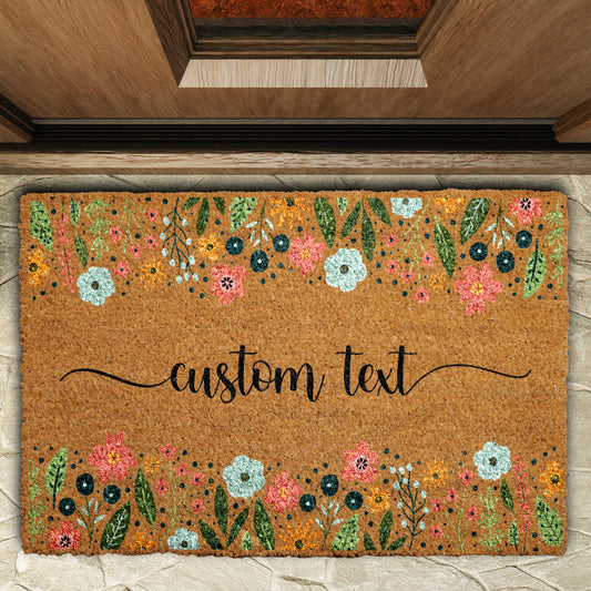 Personalized Wildflowers Welcome Mat, Colorful Floral Doormat for Spring