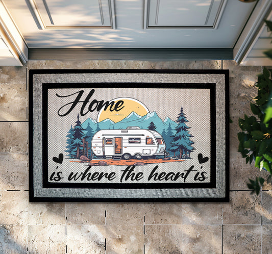 Rustic RV Welcome Mat, Mountain Landscape Decor for Camping Enthusiasts