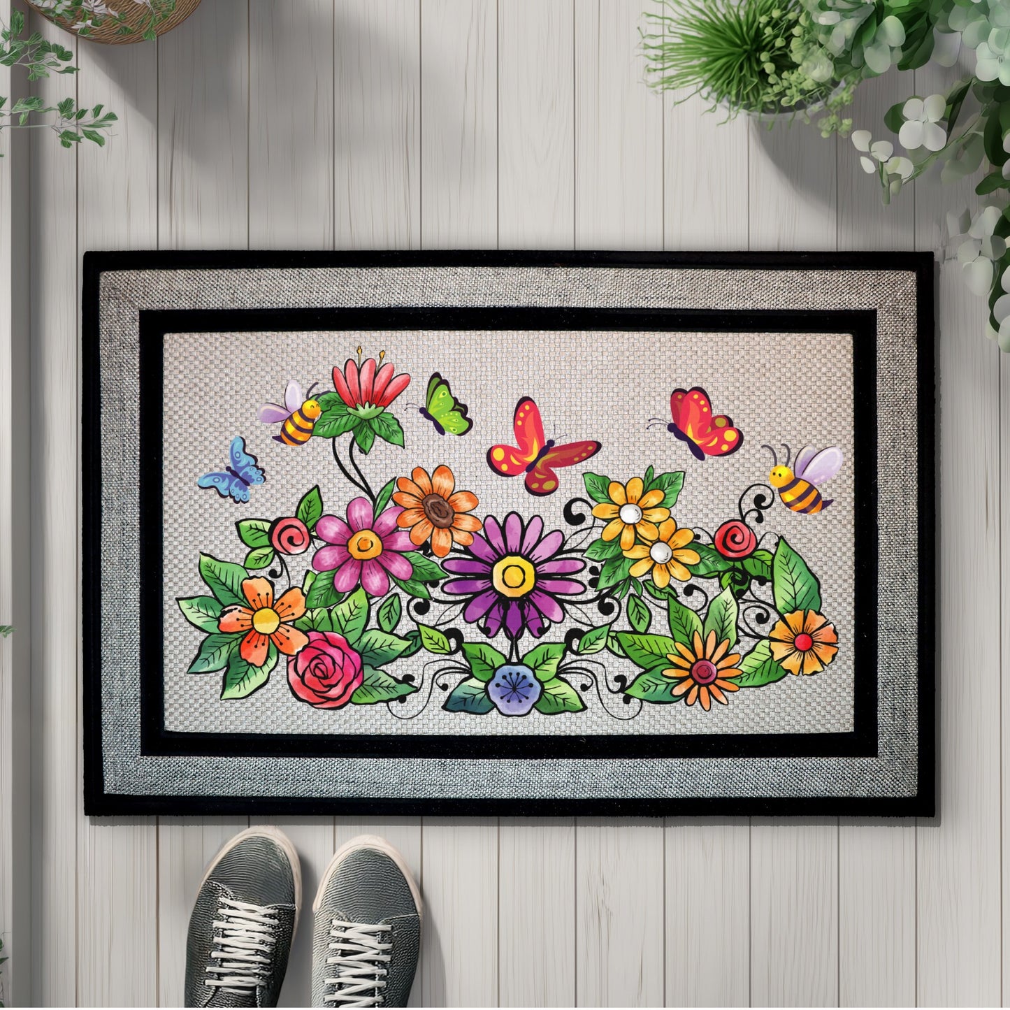 Vibrant Spring Porch Rug, Welcome Home with Colorful Garden Wildflowers