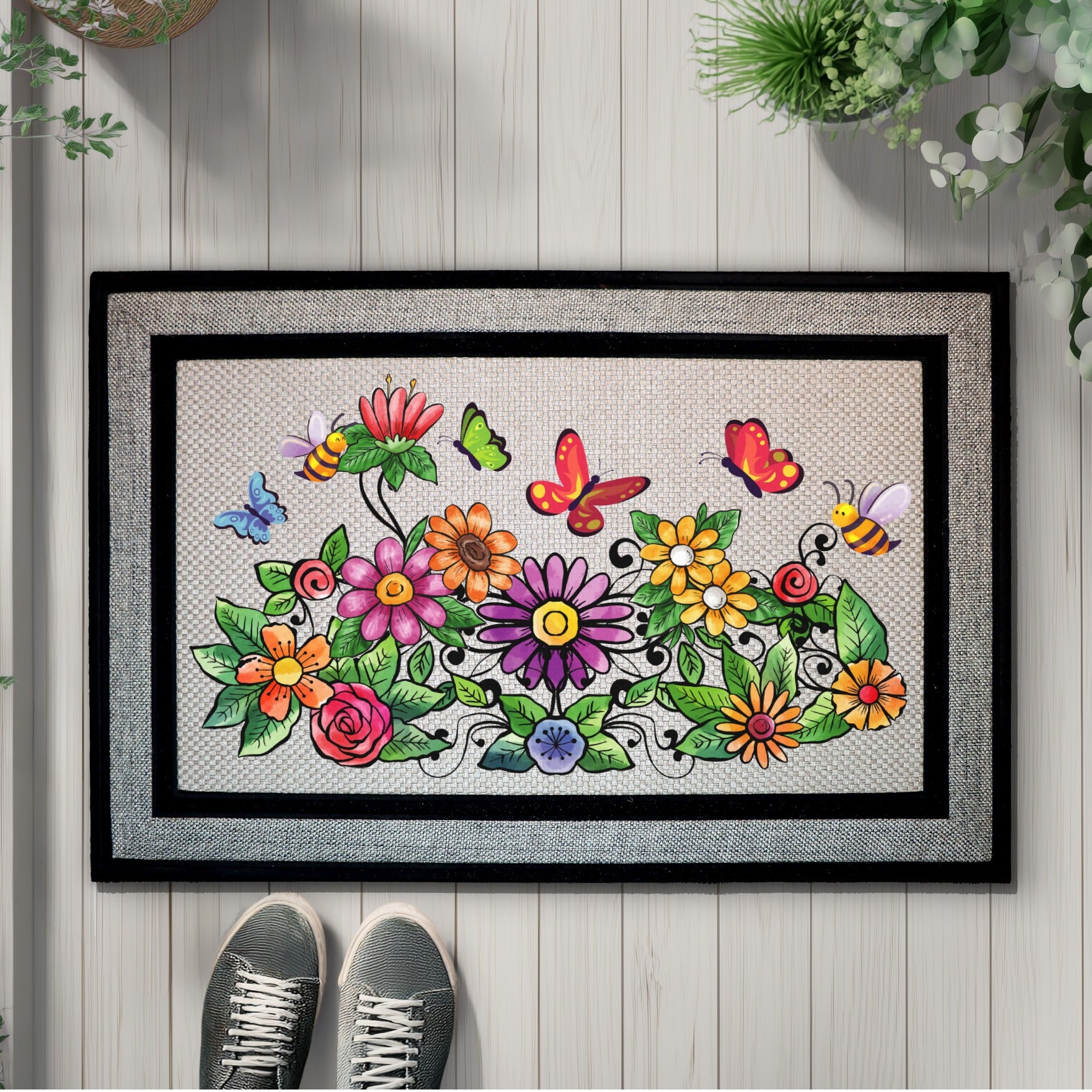 Vibrant Spring Porch Rug, Welcome Home with Colorful Garden Wildflowers