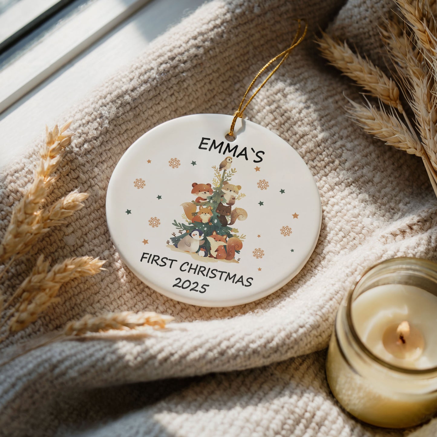 Personalized Ceramic Baby's First Christmas Ornament, Animal-Inspired Tree Decoration