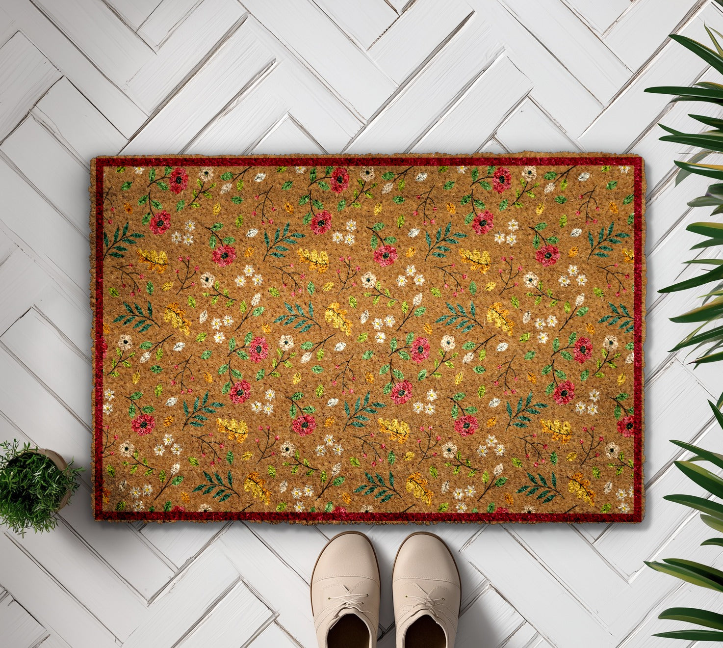 Charming Floral Welcome Mat, Colorful Boho Front Porch Doormat.