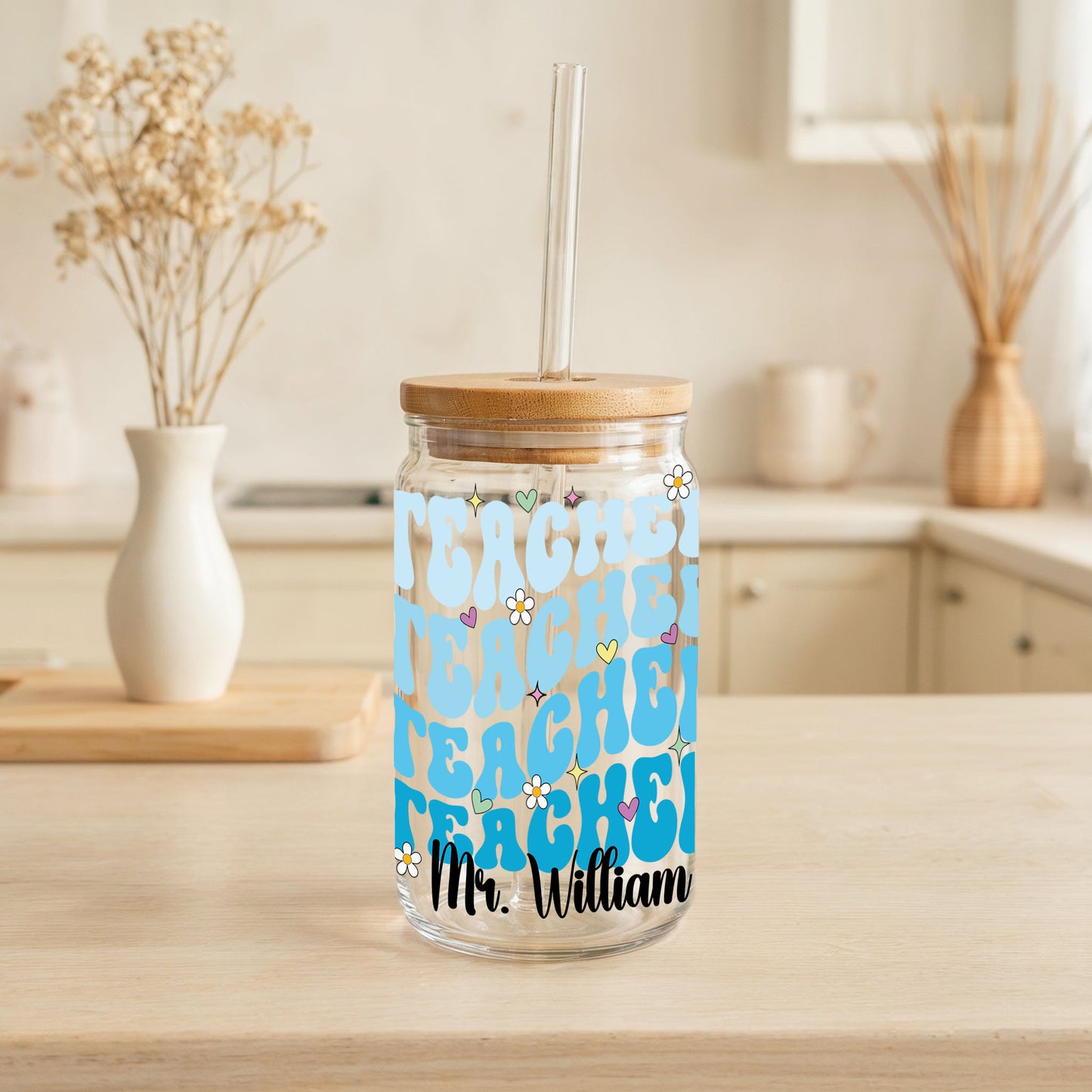 Floral Teacher Appreciation Glass Tumbler, Personalized with Teacher's Name