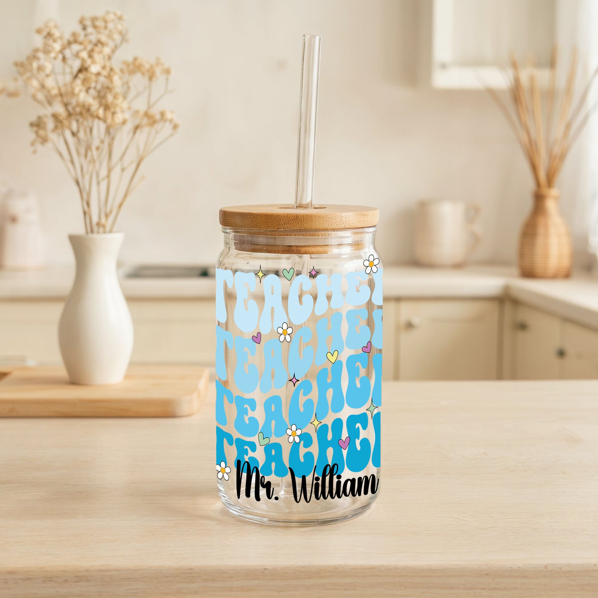 Floral Teacher Appreciation Glass Tumbler, Personalized with Teacher's Name