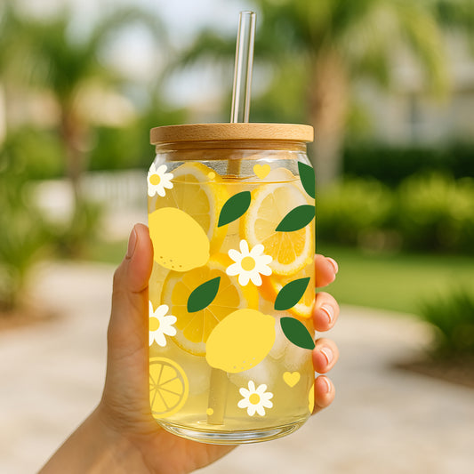 Lemon and Daisy Glass Cup, Vibrant Citrus Theme Tumbler, Kids Water Glass
