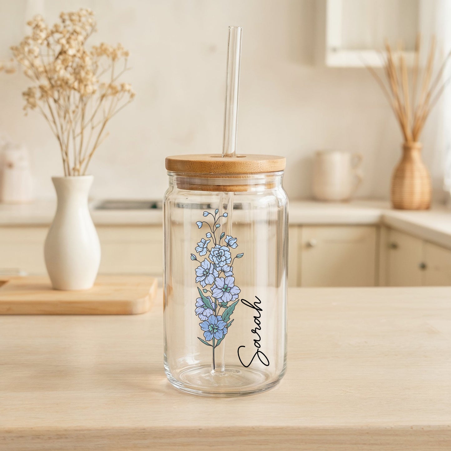 Personalized Birth Month Flower Can Glass, Eco-Friendly Floral Tumbler