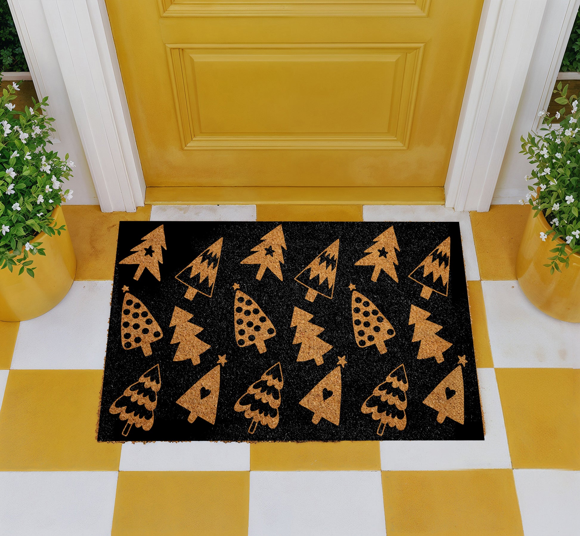 Rustic Christmas Tree Doormat, Minimalist Winter Housewarming Mat, Farmhouse Decor