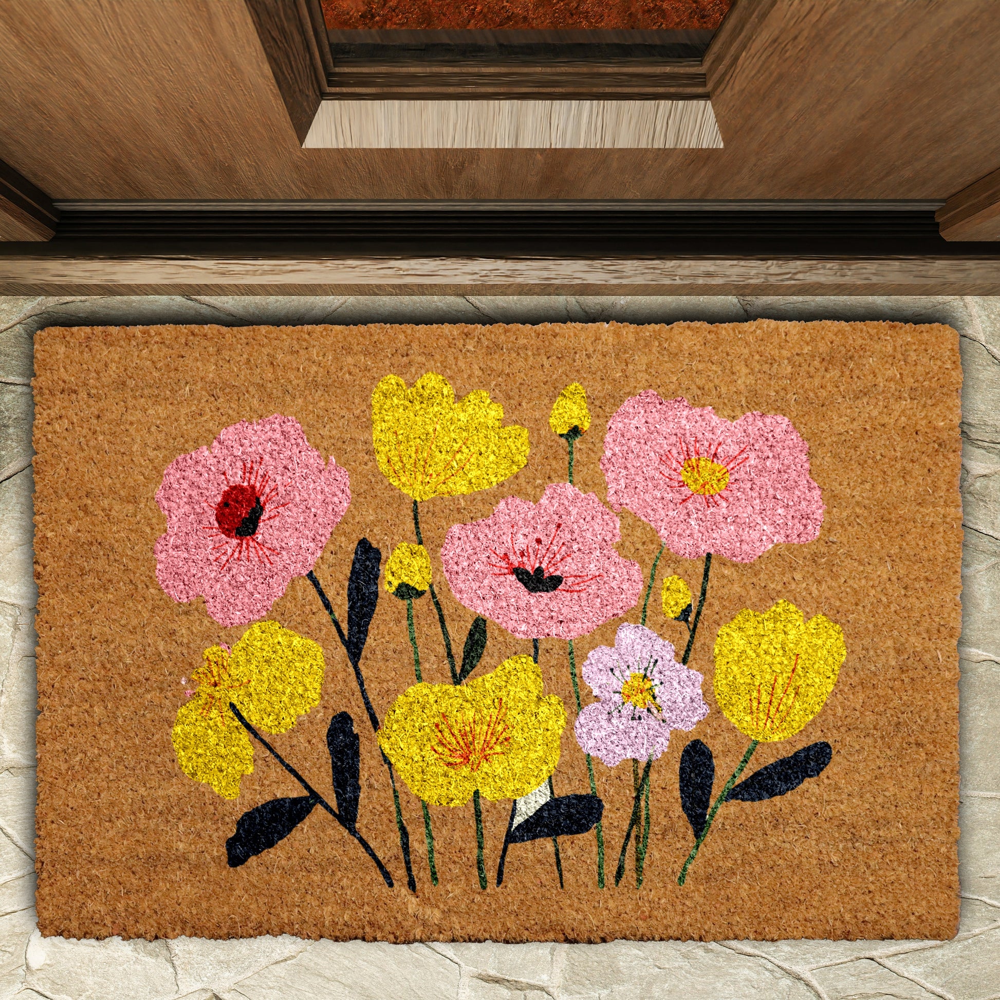 Vibrant Poppy Flower Doormat, a Floral Welcome for Garden Enthusiasts