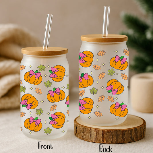 Aesthetic Pumpkins, Coquette Can Glass Tumbler for Fall Season