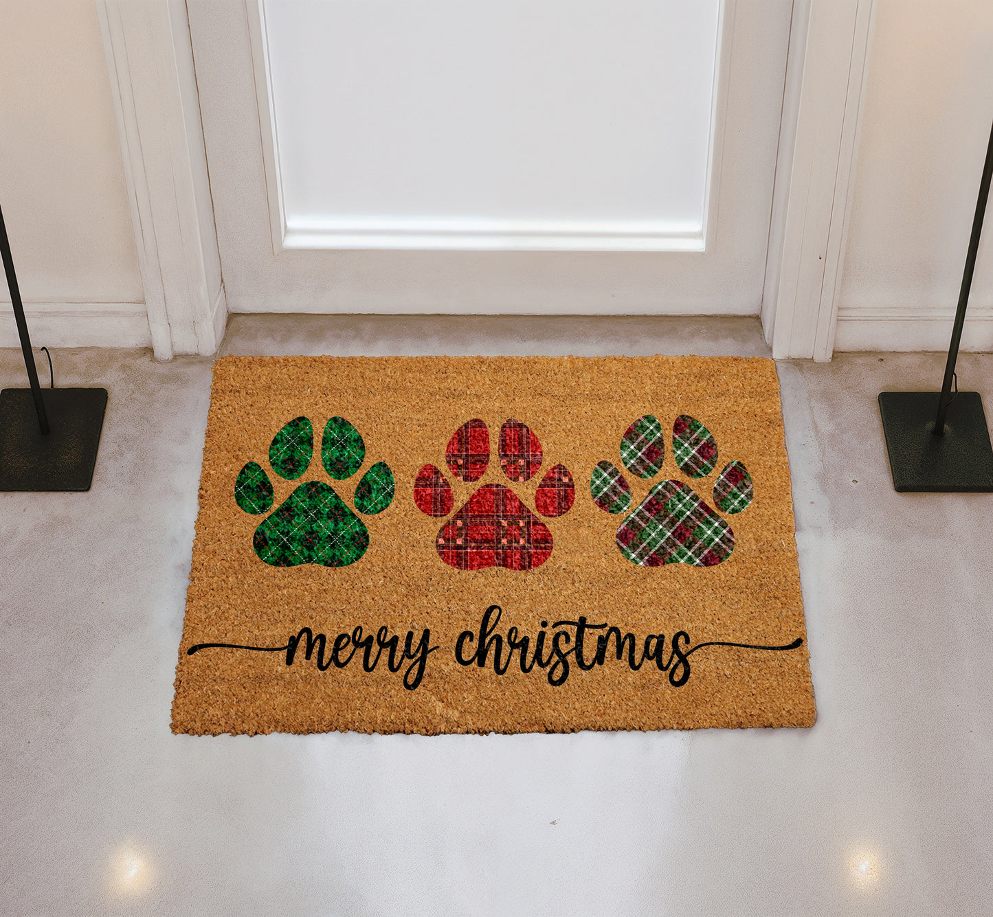Paw Print Plaid Doormat, Dog Mom Winter Decor, Pet Welcome