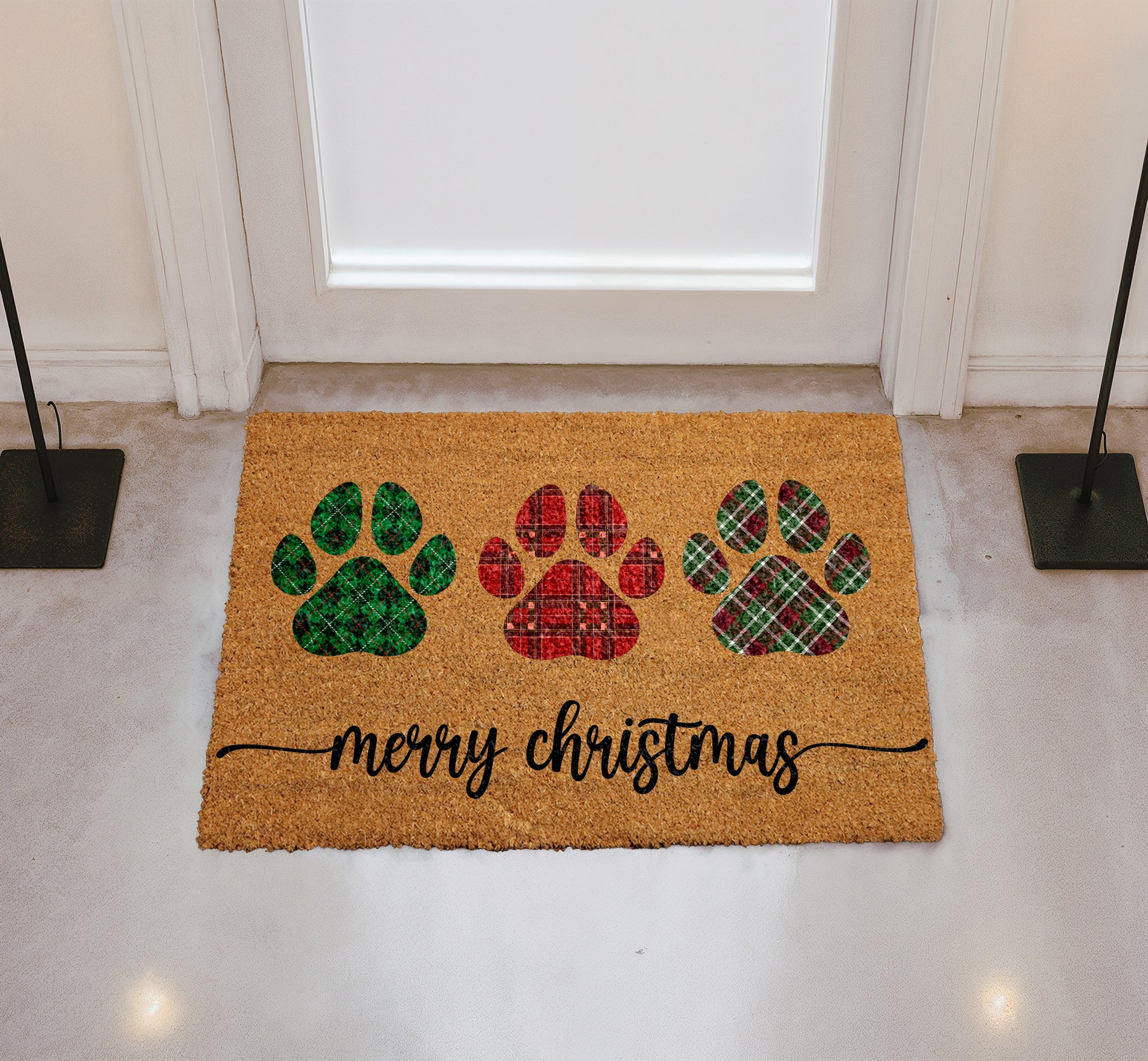 Paw Print Plaid Doormat, Dog Mom Winter Decor, Pet Welcome