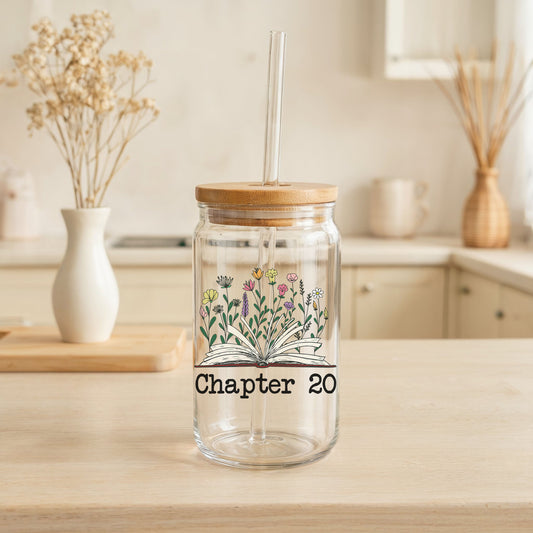 Floral Book Lovers Glass Tumbler, Customizable Birthday Gift with Bamboo Lid