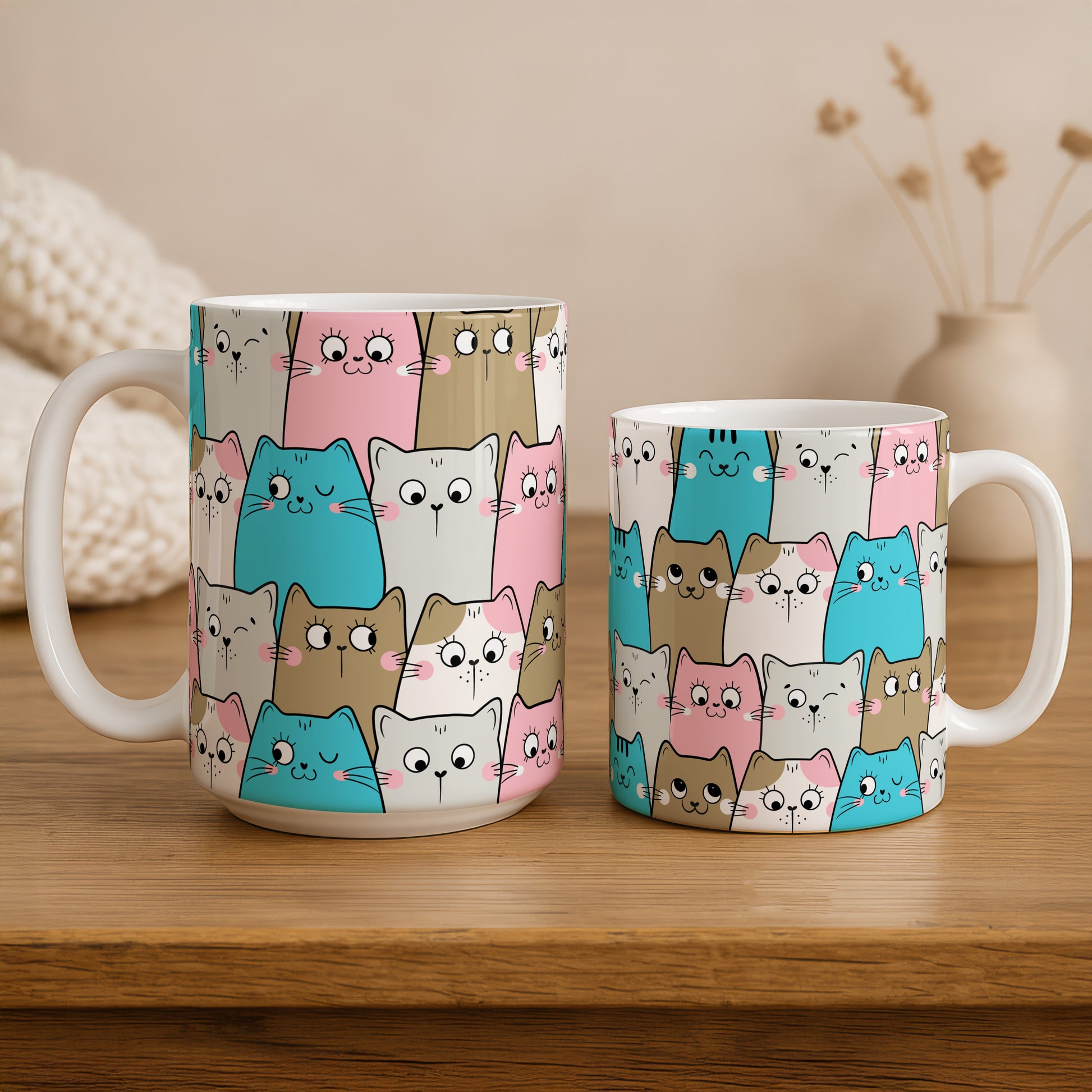 Colorful Cartoon Cats Ceramic Mug, Cute Kawaii Design, Cat Lover Gift