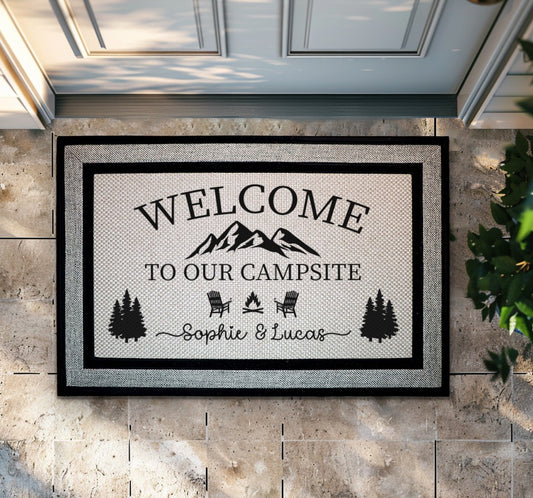 Custom Couple's Welcome Mat with Mountain Pine Tree and Campfire