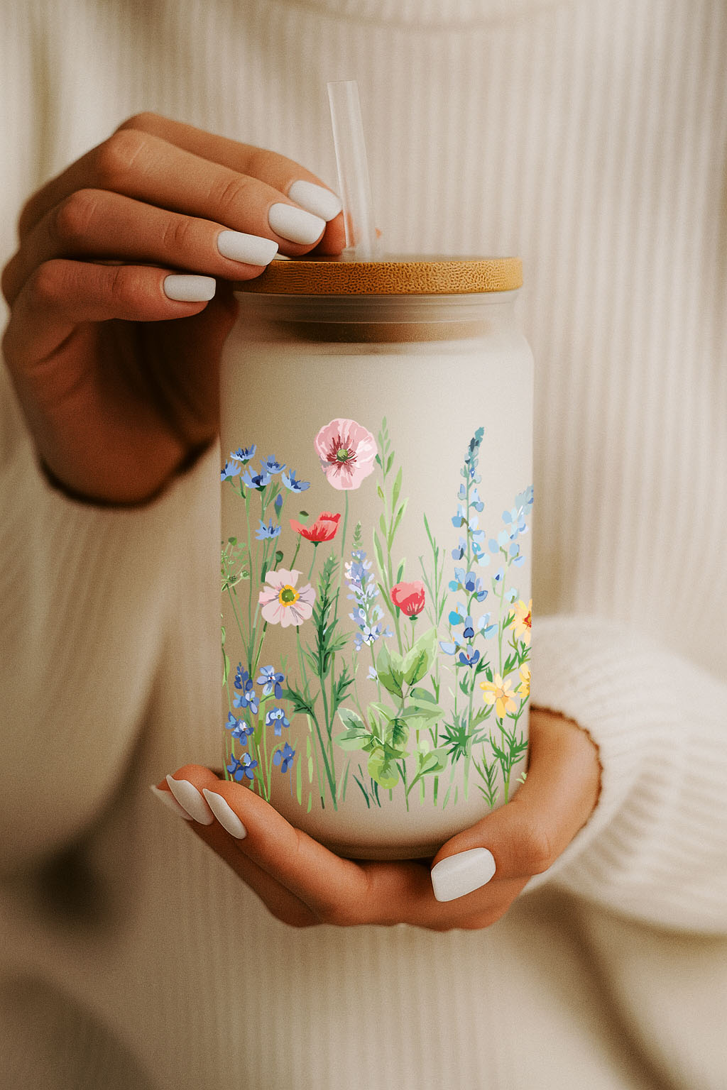Vibrant Wild Flowers Glass Tumbler, Eco-Friendly Bamboo Lid Cup