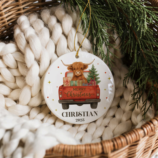 Country Farmhouse Red Truck Highland Cow Ceramic Ornament, Xmas Gift