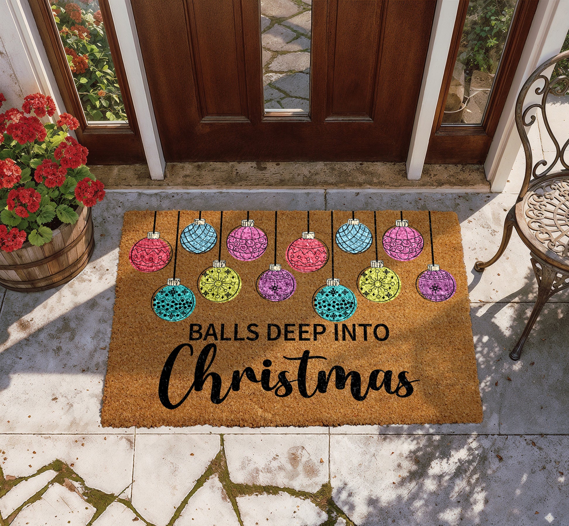 Festive Humor: Balls Deep Into Christmas Doormat, Xmas Housewarming Gift