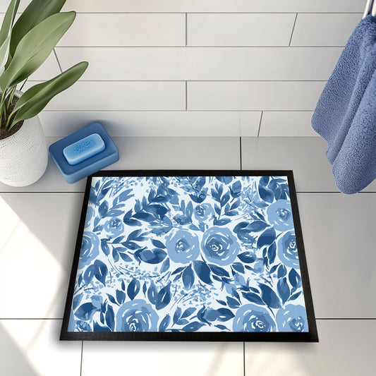 Watercolor Blue Rose Doormat, Floral Welcome Mat for Spring Bloom