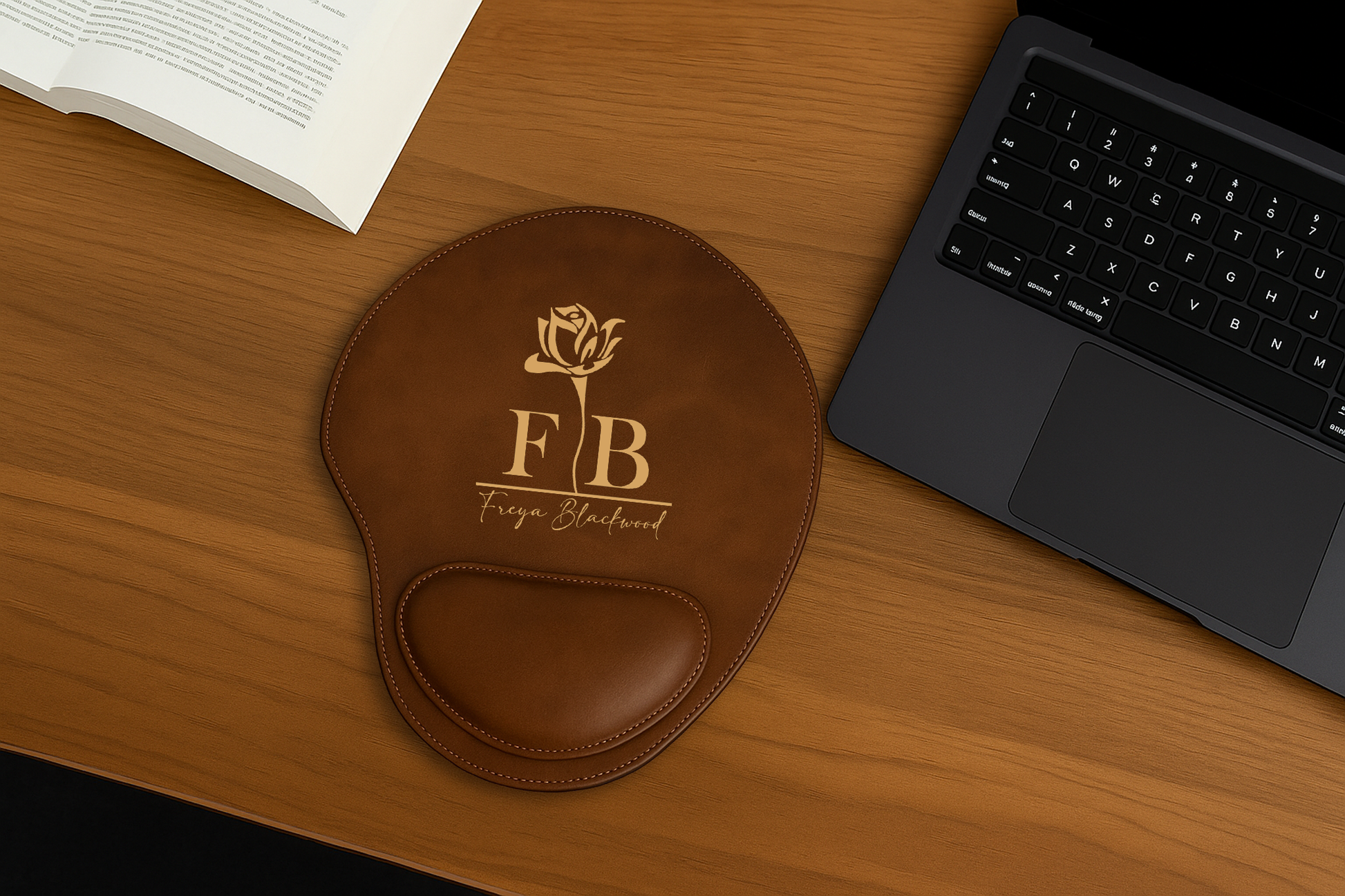Custom Floral Mousepad: Vegan Leather, Engraved Name, Wrist Support.