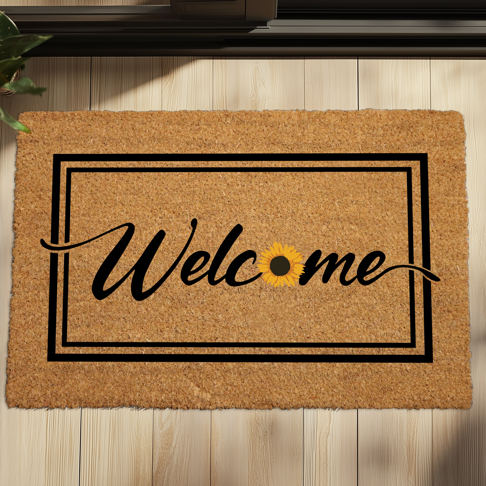 Custom Sunflower Welcome Doormat: Personalized Coir Entryway Mat for Bright Homes
