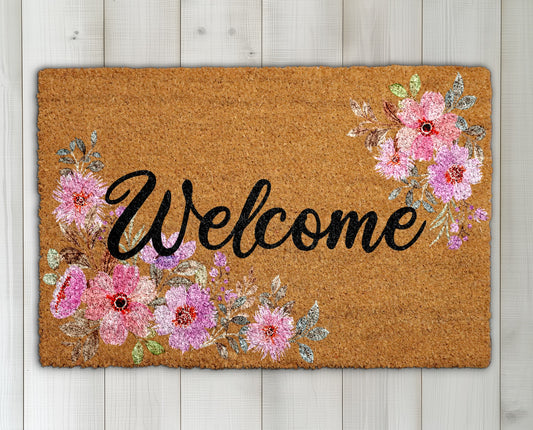 Sophisticated Floral Welcome Doormat, Charming Spring Blossom Cottagecore Entrance Rug