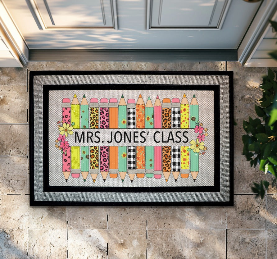 Personalized Teacher Doormat, Appreciation Gift for Classroom Decor, Pencil Design
