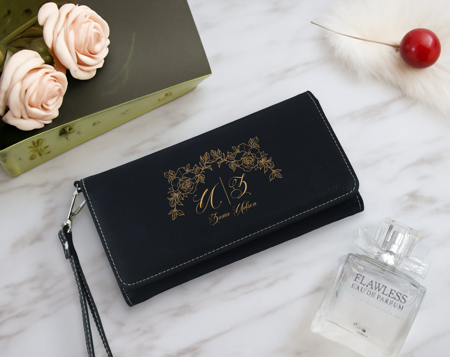 Engraved Vegan Leather Wallet, Personalized Clutch Purse for Women, Bridesmaid Gift