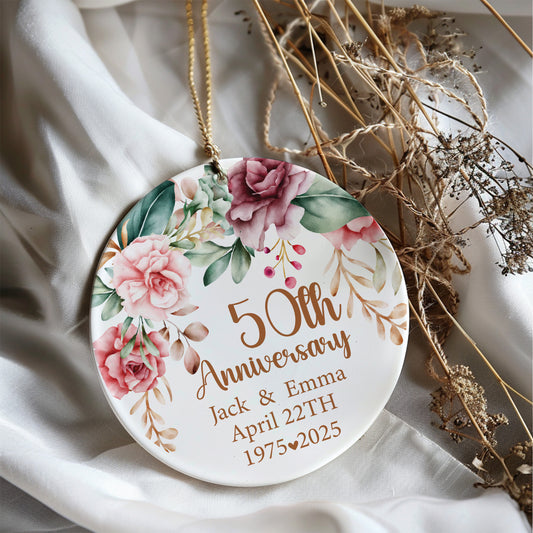 Custom Floral Names & Date Ornament, Personalized Golden 50th Anniversary Keepsake
