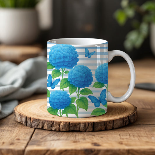 Hydrangea Coffee Cup, Blue Flowers & Butterfly Mug: Garden Lover's Delight
