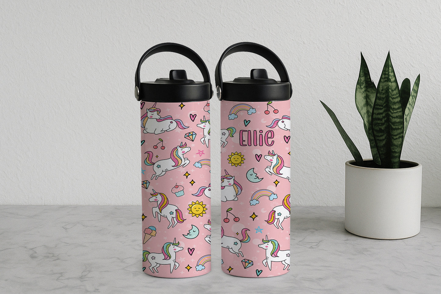 Custom Pink Tumbler, Pony Rainbow Water Bottle - Back To School