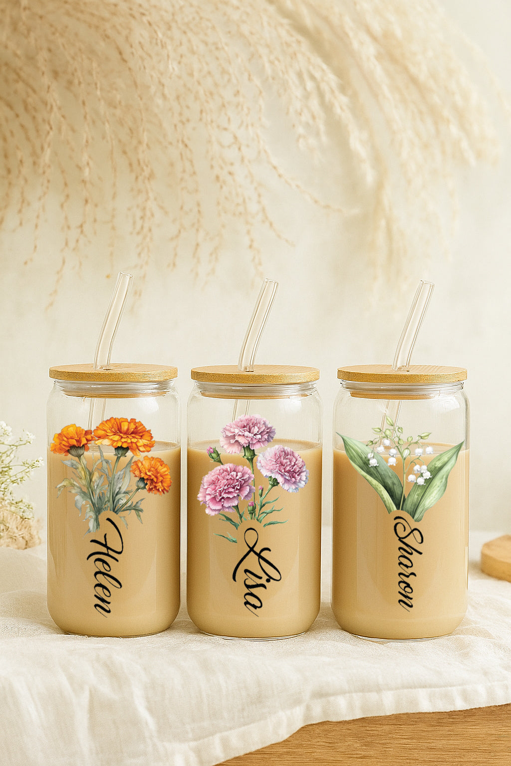 Personalized Birth Flowers Glass Tumbler, Birthday Gift Bamboo Lid