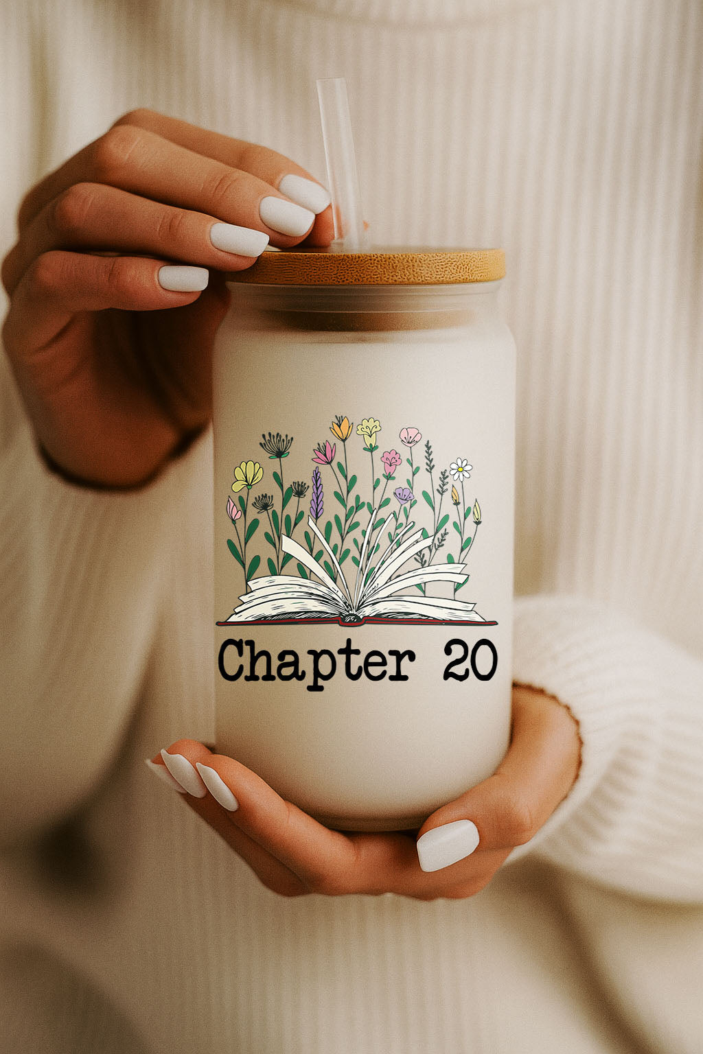 Floral Book Lovers Glass Tumbler, Customizable Birthday Gift with Bamboo Lid