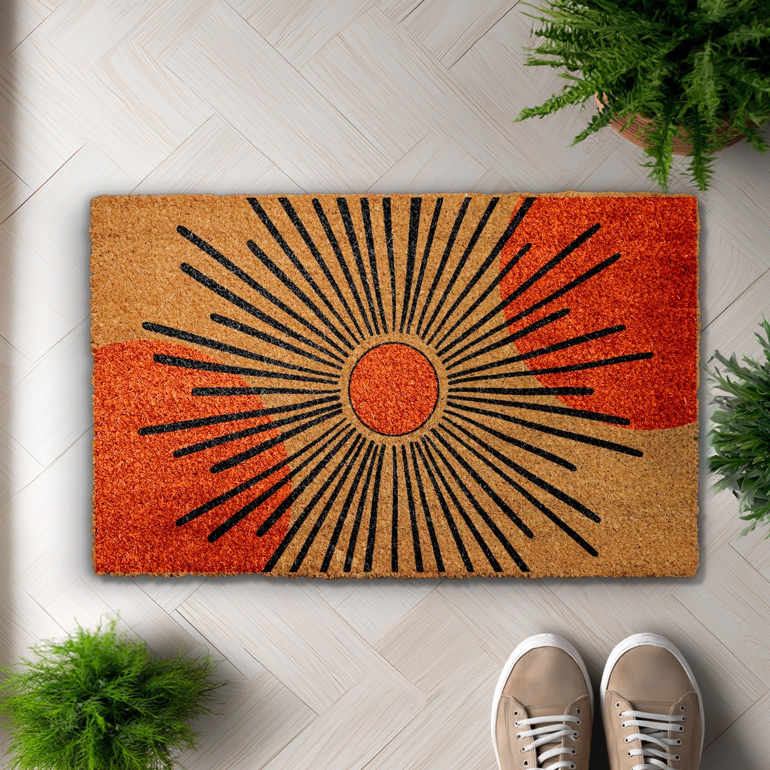 Boho Sunburst Doormat, Mid Century Style for Modern Home