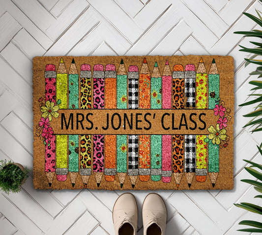Personalized Teacher Doormat, Welcome Gift with Pencil Design