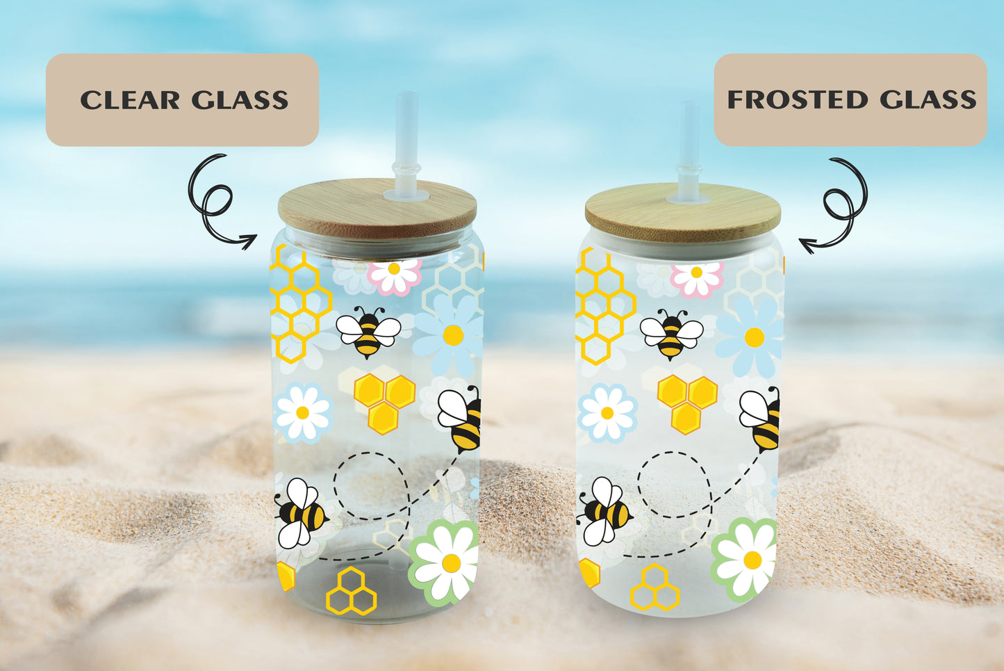 Bee-themed glass tumblers for stylish sips.