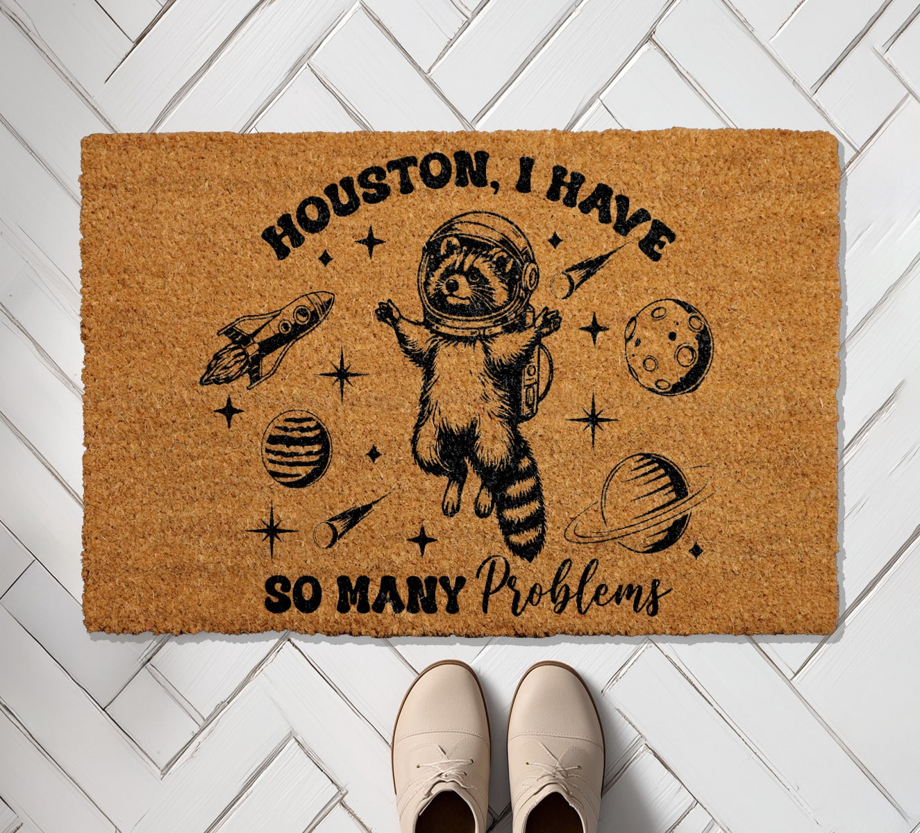 Space-Themed Doormat, Astronaut Raccoon Welcome Mat, Funny Housewarming Gift