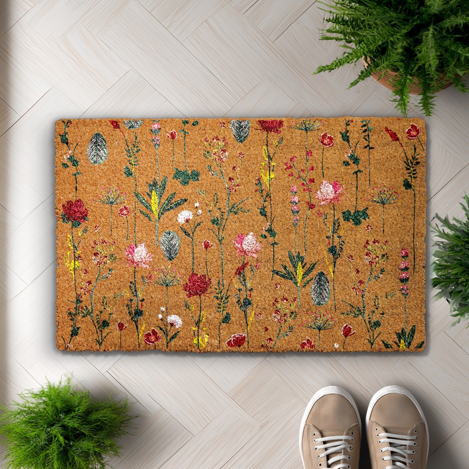 Boho Floral Welcome Mat, Colorful Spring Blossom Doormat, Charming Entrance Rug