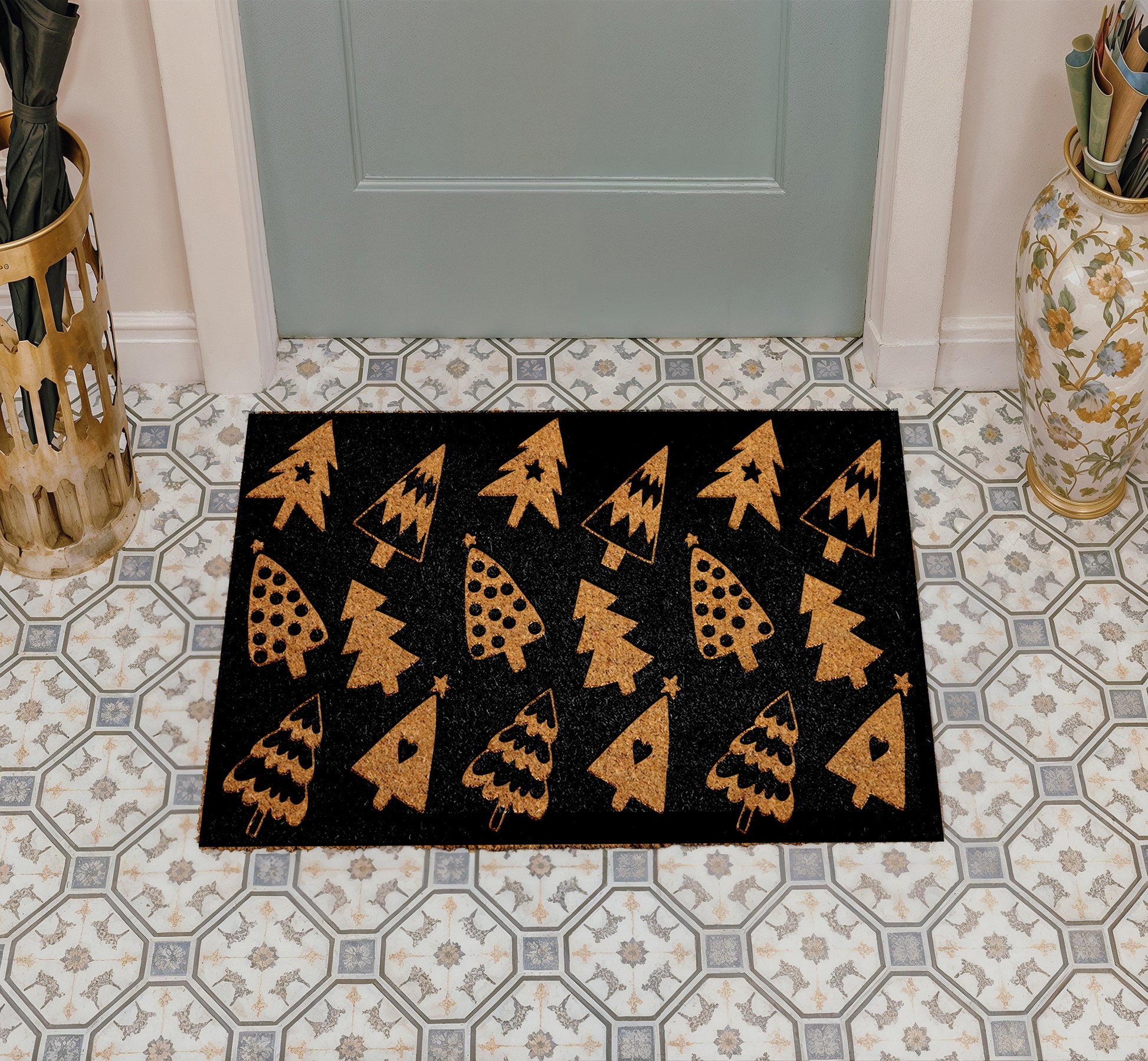 Rustic Christmas Tree Doormat, Minimalist Winter Housewarming Mat, Farmhouse Decor