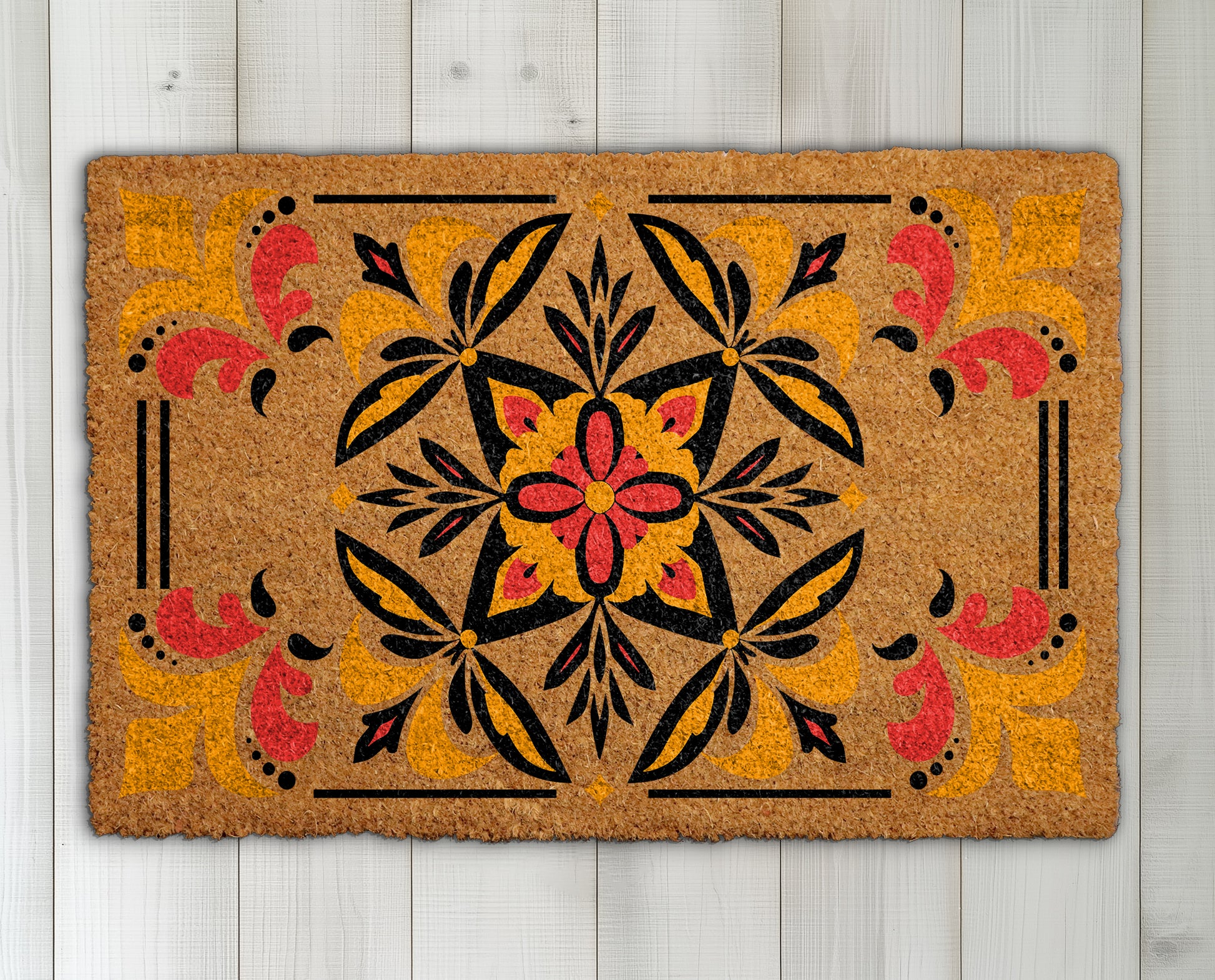 Bohemian Coir Mat: Moroccan Tile Doormat with Ornate Mediterranean Flair
